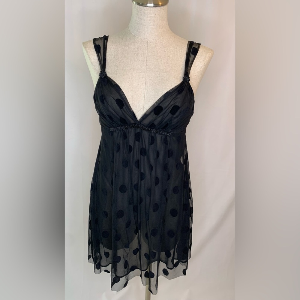 Oscar de la Renta Black chiffon nightie sheer polka dot babydoll teddy Small
